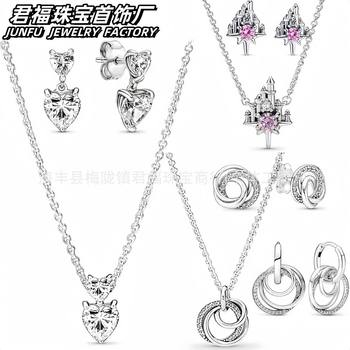 Pan's Heart-Shaped Castle Pink Diamond Eternal Pendant Shiny Round Halo Necklace Earring Set Gift 2025 New Model