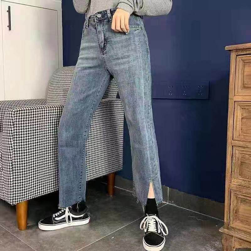 High Waisted Split Hem Jeans for Women Loose Fit Straight Leg Stylish Design Spring Fashion for Students Wholesale