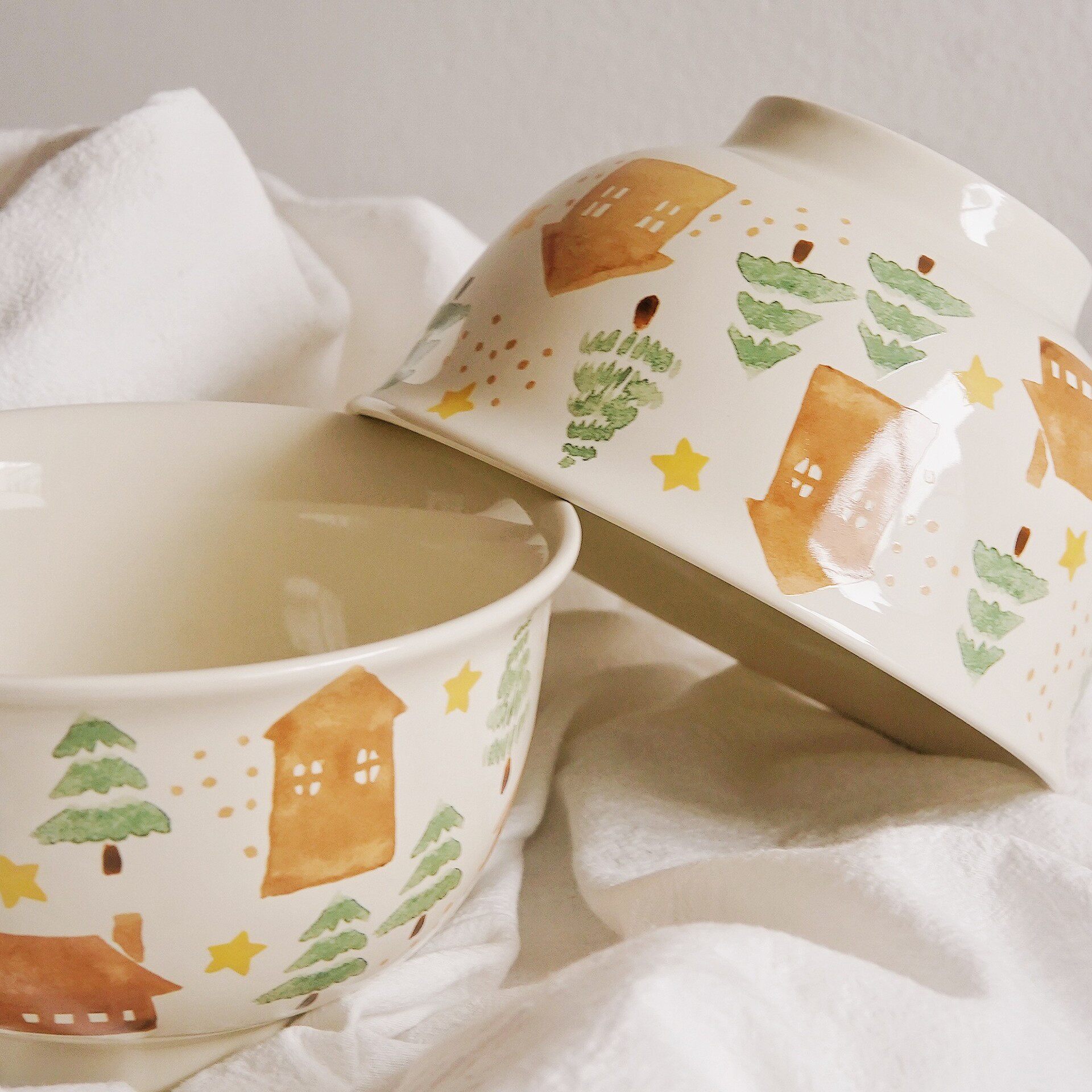 House and Tree Hand-Painted Ceramic Tableware Kettle Coffee Cup Set