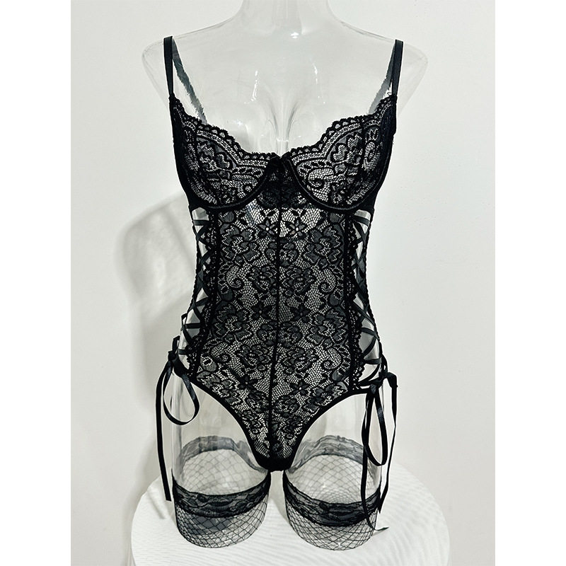 European and American Cross-Border Women's Lace Sexy Jumpsuit Suspenders Cross Straps Body Shaping with Stockings Sexy Intimates Set