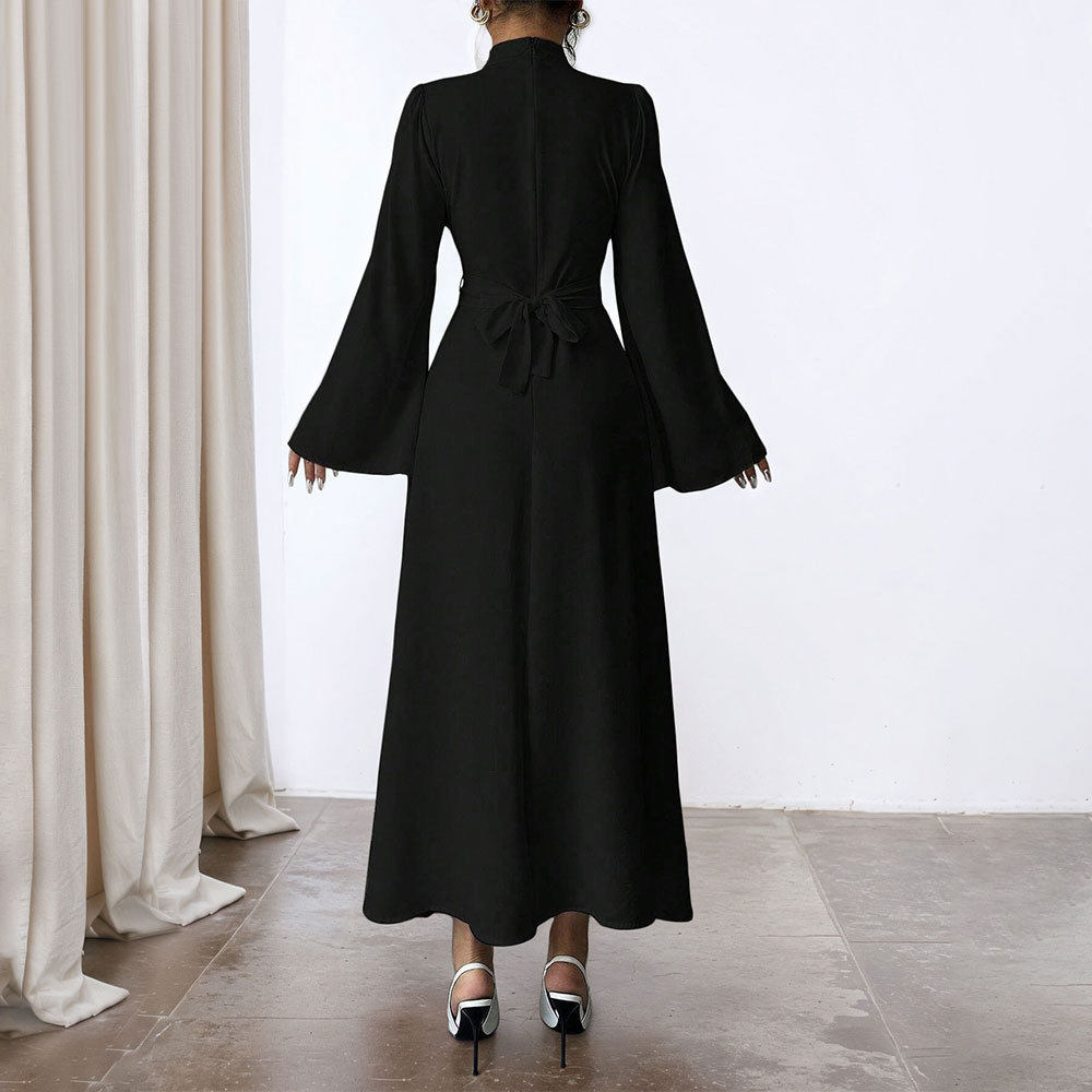 Black Long Sleeve Dress Vintage Style Waist Defining Flared Sleeves Spring Summer Occasion Wholesale Available