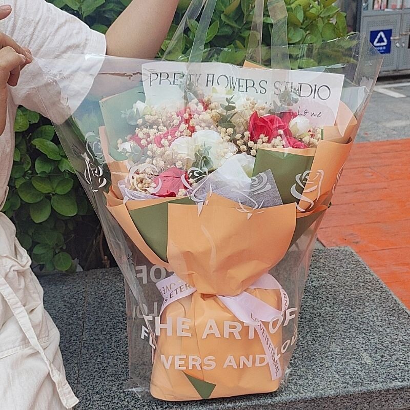 กระเป๋าโท้ทลายดอกไม้สำหรับช่อดอกไม้ไฮเอนด์ในวันหยุดแบบรายบุคคล การจัดส่ง กระเป๋าโท้ทใสกันน้ำยอดนิยมสำหรับร้านค้า
