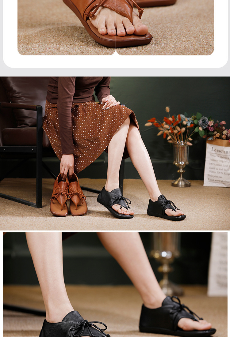 Sandal nữ quai ngang kẹp ngón bít gót đế bằng da bò — màu đen, Màu nâu