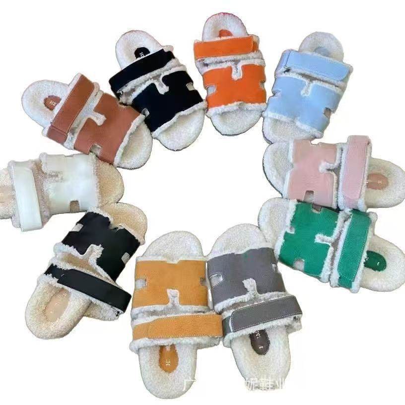 24 Autumn New Foreign Trade Large Size Lamb Wool H-Shaped One-Line Fur Slippers European and American Outerwear Women's Shoes in Stock
