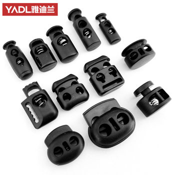 In stock supply plastic spring buckle pig nose buckle threading rope elastic buckle black elastic rope double hole anti-slip adjustable buckle