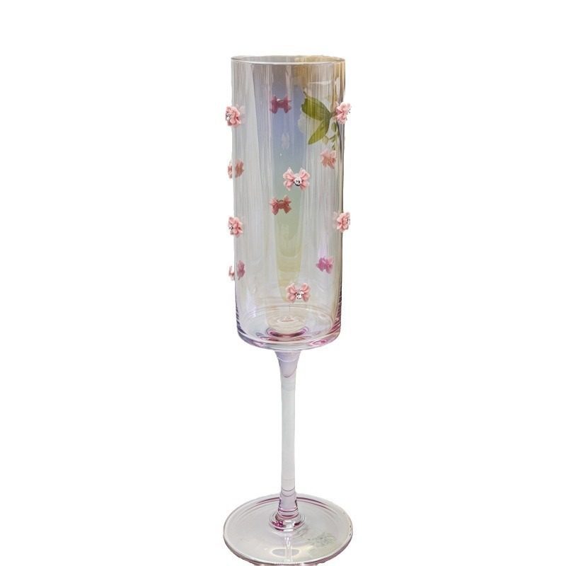 Customized Soda-Lime Glass Handmade Bow Champagne Glass C Style Hand-Pasted Bow Tall Glass