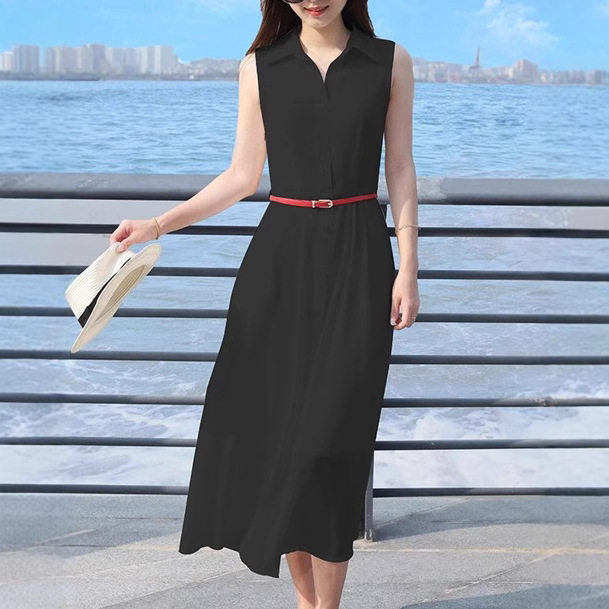 Chiffon Sleeveless Dress Shirt Collar Solid Color Slim Fit Elegant Style Perfect for Summer Vacations Wholesale