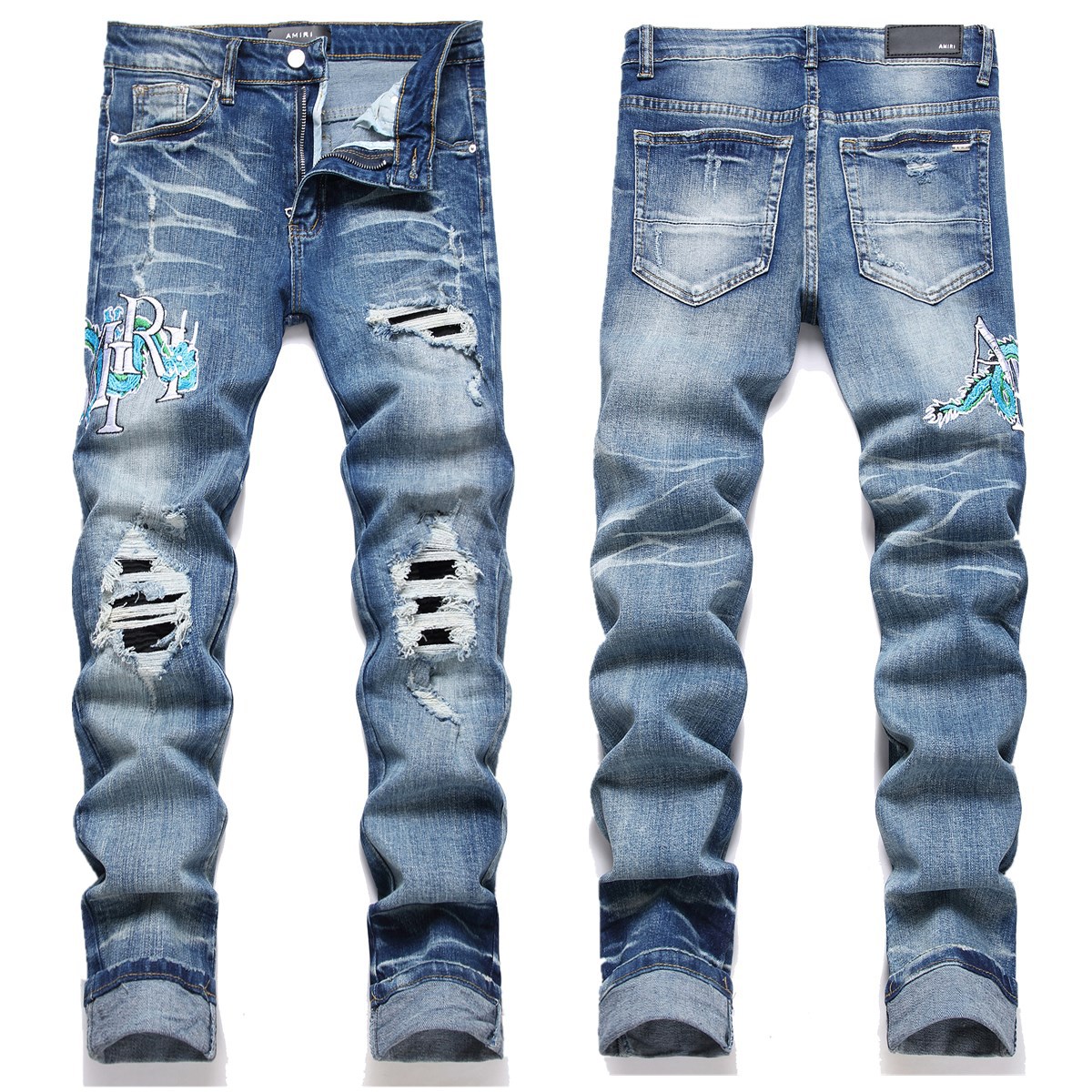 Cross-border foreign trade AMIRI foreign trade brand slim elastic hole patch blue embroidery men's skinny jeans