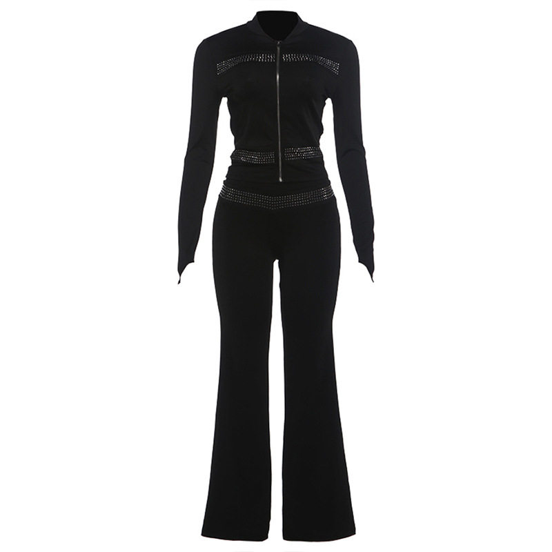 Fashion Womens Tracksuit Set Long Sleeve Zip Collar Top Rhinestone Detail Flared Pants Autumn Style Wholesale