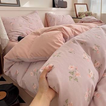Mother and Baby Knitted Double-Layer Washed Four-Piece Floral Quilt Cover Soft Bed Sheetss Student Dormitory Three-Piece Set Foreign Trade Wholesale