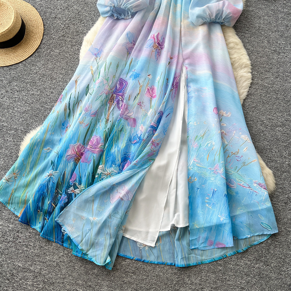 Off Shoulder Floral Dress Lantern Sleeves Waist Defined A Line Spring Fall Style Perfect for Vacations Wholesale
