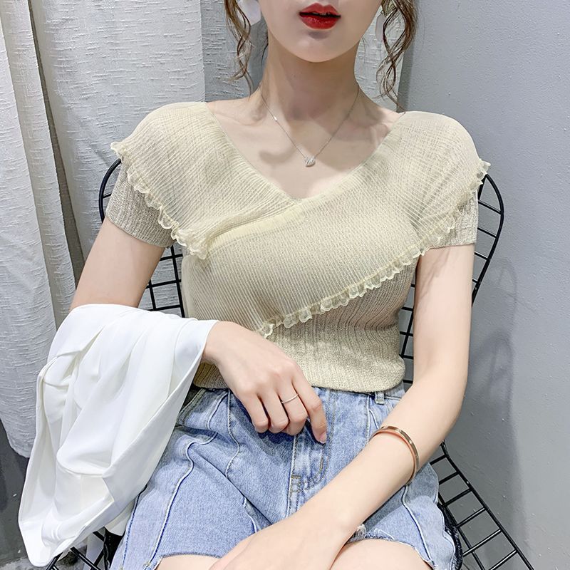 Summer Womens Sheer Knit Top Ruffle Hem V Neck Lightweight Ice Silk Casual Wear Stylish Design OEM Available