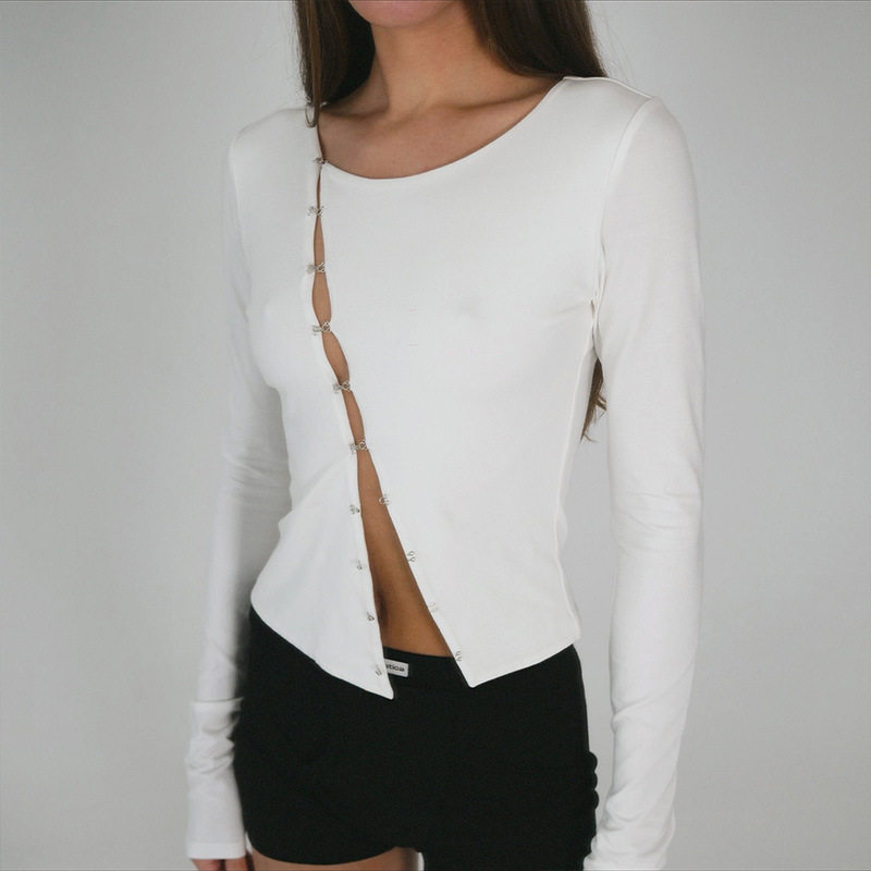 Fashionable Womens Long Sleeve T Shirt Sexy Design Round Neck Button Detail Casual Streetwear Wholesale Available