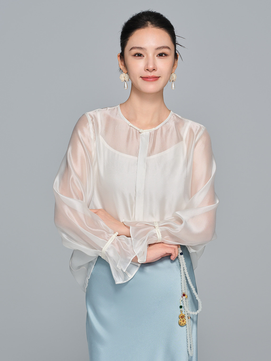 [Zhihetao]New Chinese Style Light National Style Soft Gauze Round Neck Long Sleeve Women's 2025 Autumn High-End Versatile Top