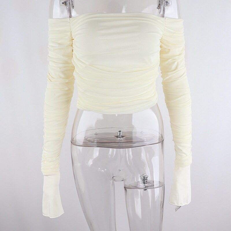 Layered Mesh Top Sweet Off Shoulder Design Ruffled Flared Long Sleeves Autumn Winter Fashion Wholesale Available