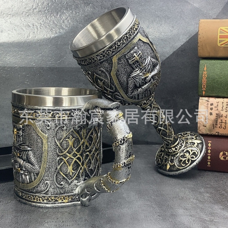 Knight Stainless Steel Goblet Vintage Beer Mug Whiskey Mug Creative Embossed Resin Decorations Personalized Mug