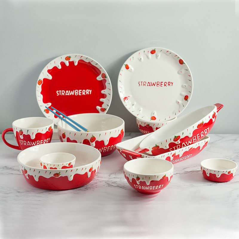 Cross-Border Trade Ceramic Three-Piece Tableware Set with Embossed Cute Plates and Bowls, High-Value Handmade Household Salad Bowls