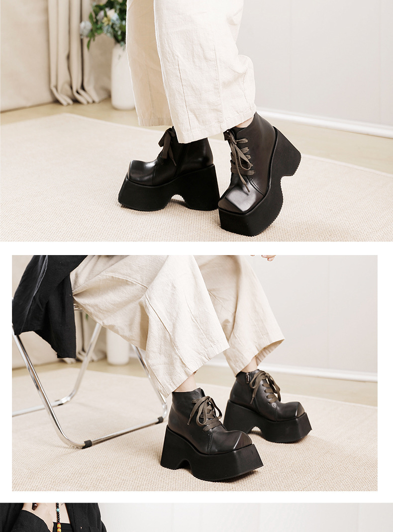Boot Martin nữ cổ ngắn đế dày 10cm mũi vuông da bò thật buộc dây — Màu đen