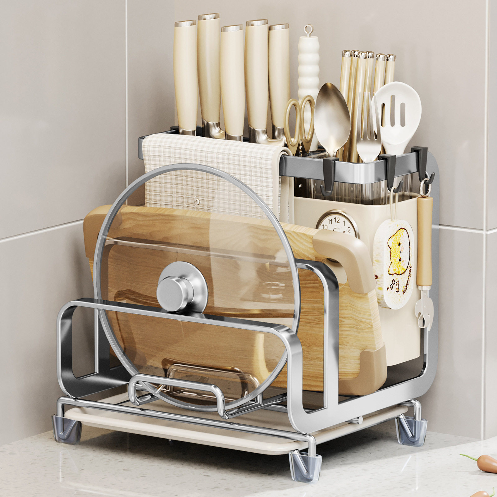 Household Multifunctional Knife Holder Cream Style Kitchen High-End Cutting Board Holder Knife Holder Chopstick Cage Integrated Drain Storage Rack