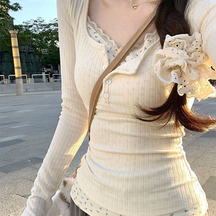 Lace Trim Floral Print Slim Fit Long Sleeve T Shirt for Women Casual Autumn Winter Style