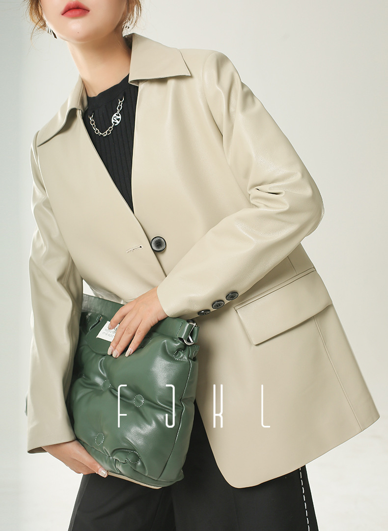 Áo khoác da cừu nữ dáng blazer không cổ — Màu đen không cổ, Phấn Xám không cổ