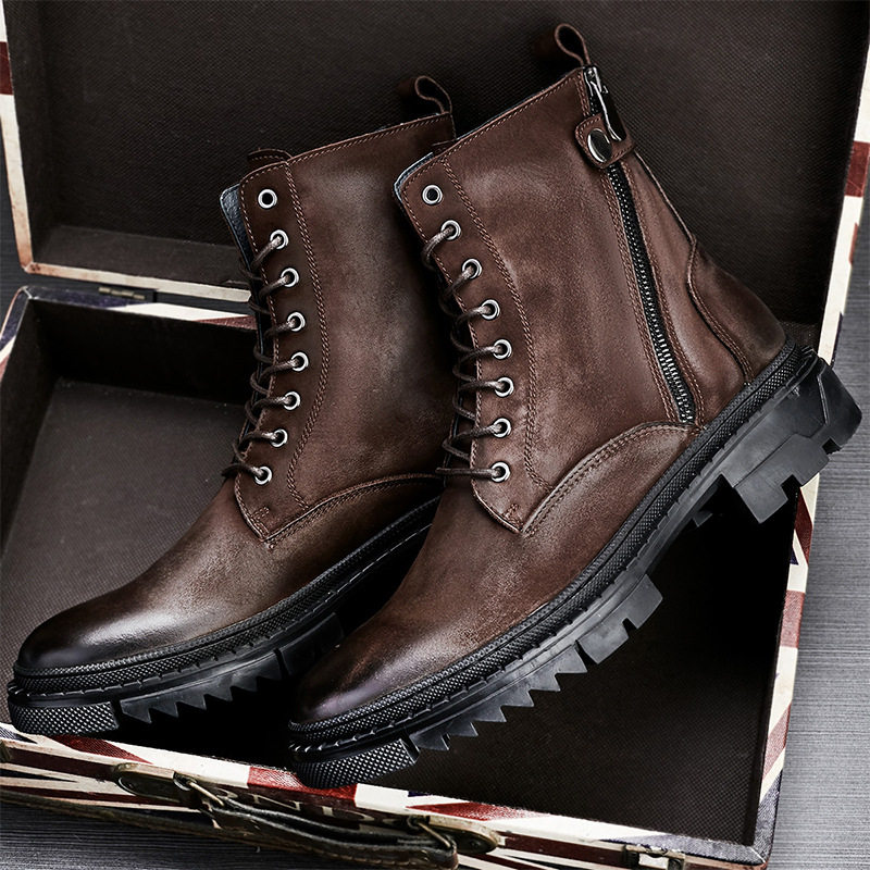 Zipper Genuine Leather Round Toe  Combat Martin Boots