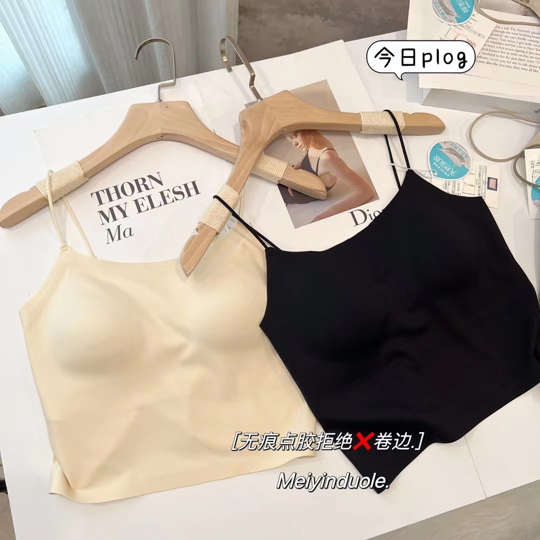 7251固定乳胶杯中长吊带背心冰丝无痕一字领美背细肩带女内衣-图3