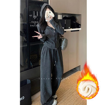 Autumn and Winter Special Thick Velvet Lazy Casual suit Slim-fit Slimming Hooded Jacket Women's High Waist Wide Leg Pants Two-piece Set