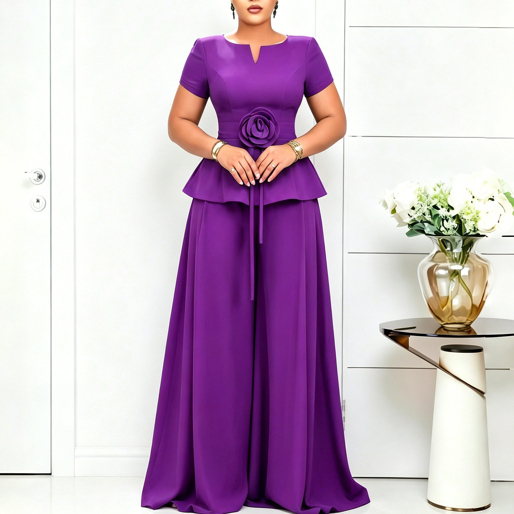 Elegant Plus Size Ruffled Sleeve Top and Wide Leg Pants Set Summer Fashion Casual Wear Wholesale Available