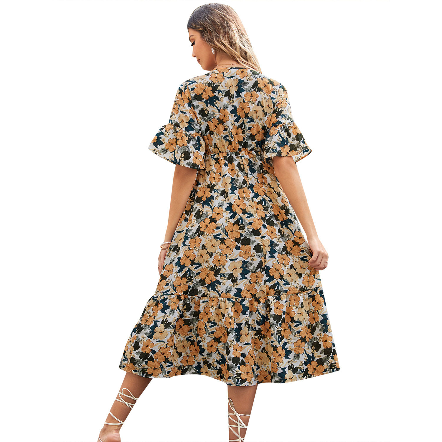 Floral Print V Neck Dress Casual Slim Fit Waist Defining Perfect for Spring Summer Outings Wholesale Available