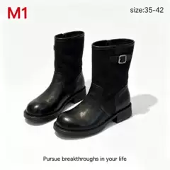 Mascun's Same Style~ 4cm Height-Increasing Fashionable Buckle Strap Round-Toe Patchwork Chunky Heel Women's Knee-High Riding Boots