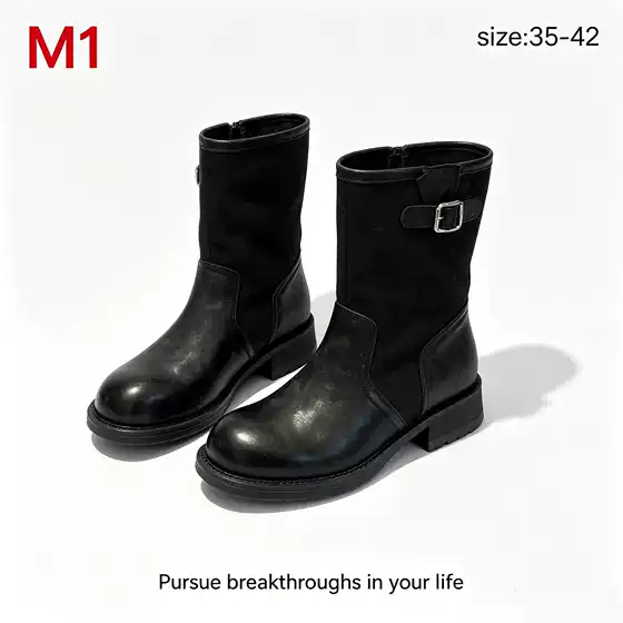 Mascun's Same Style~ 4cm Height-Increasing Fashionable Buckle Strap Round-Toe Patchwork Chunky Heel Women's Knee-High Riding Boots