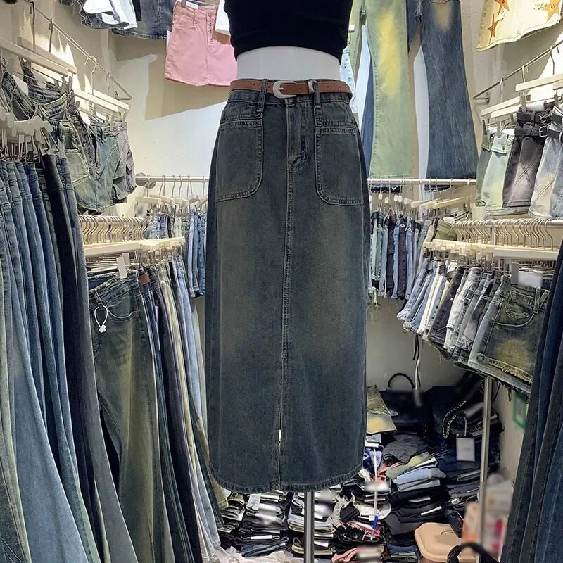 High Waisted Denim Skirt Long Loose Fit Side Slits Two Pockets Spring Fall Fashion Wholesale Available