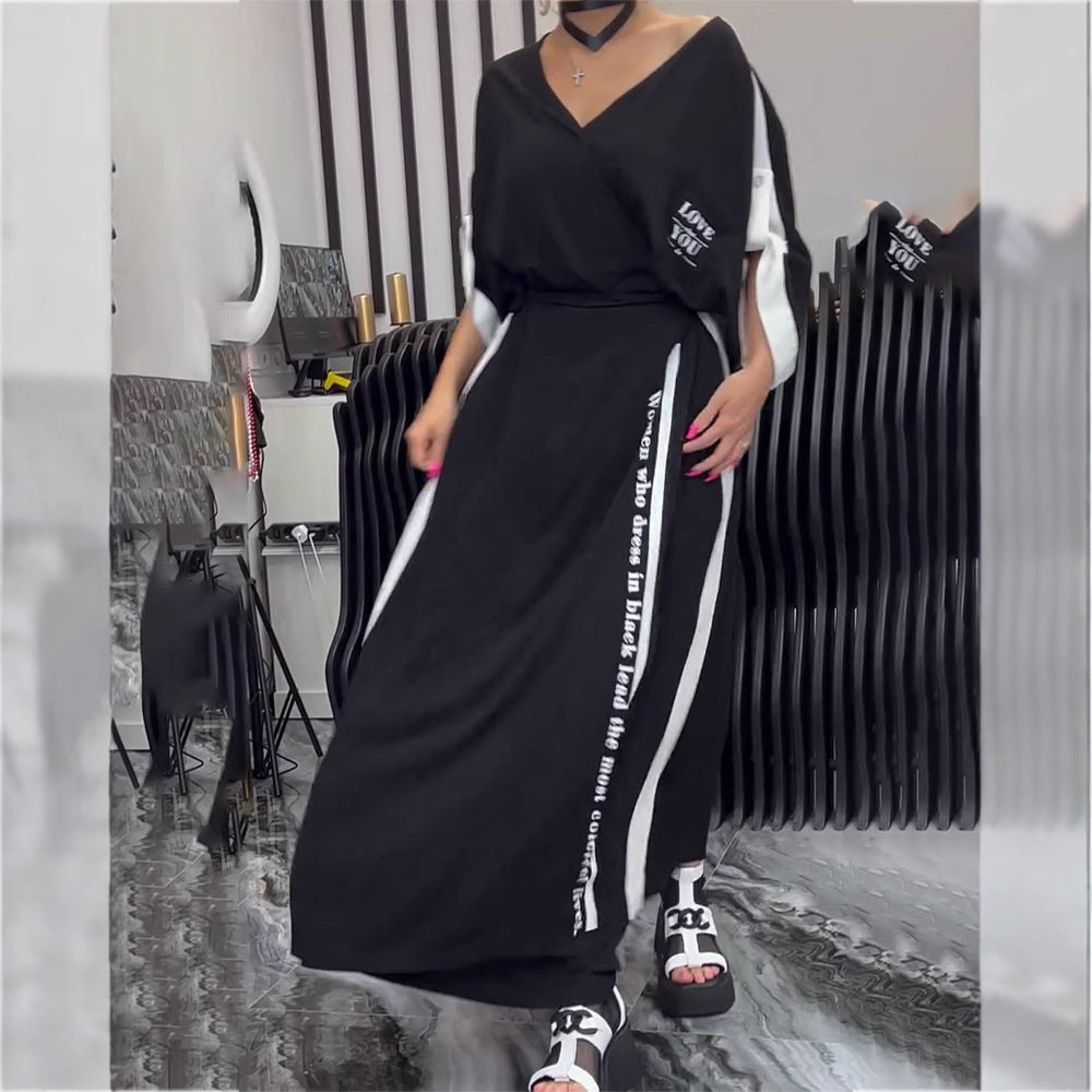 Fashion V Neck Color Block Irregular Short Sleeve Top and Loose Long Pants Set Trendy Casual Wear for Spring Summer