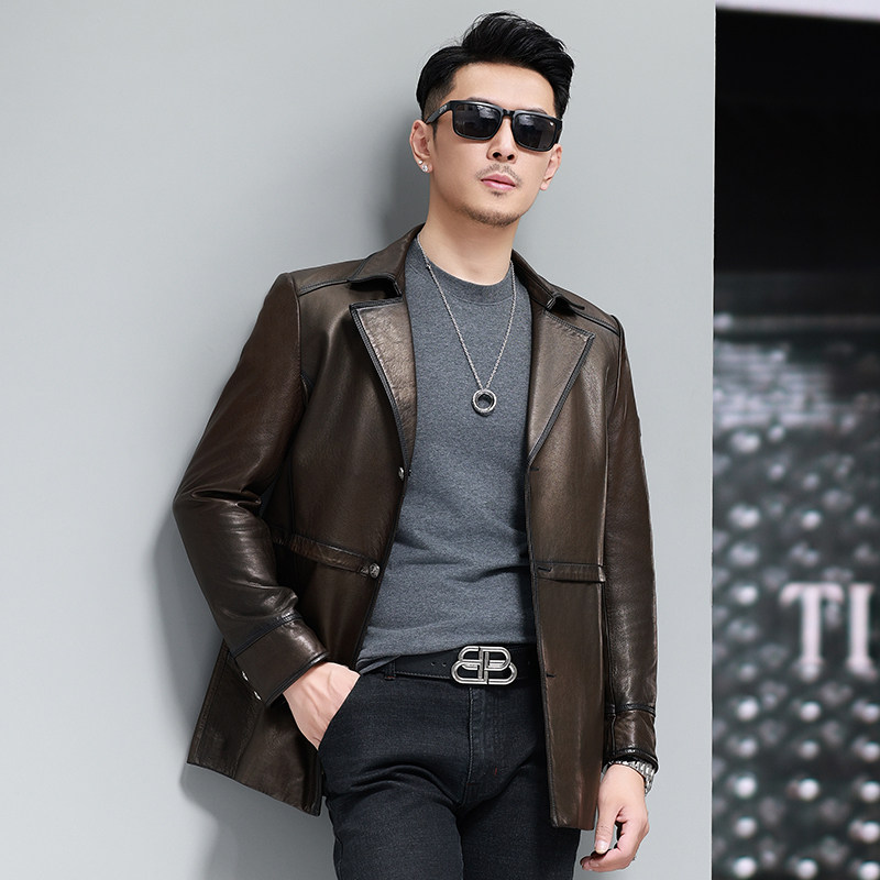 Áo Khoác Da Cừu Nam Dáng Dài Vừa Cổ chữ Vest Phong Cách Thu Đông Màu Nâu