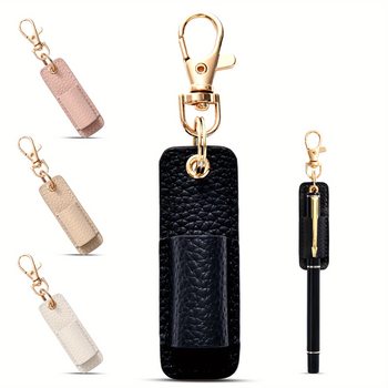Creative Neck-hanging Pen Holder Pencil Case Portable Small Leather Pen Holder with Keychain Daily Office Pen Storage Holder