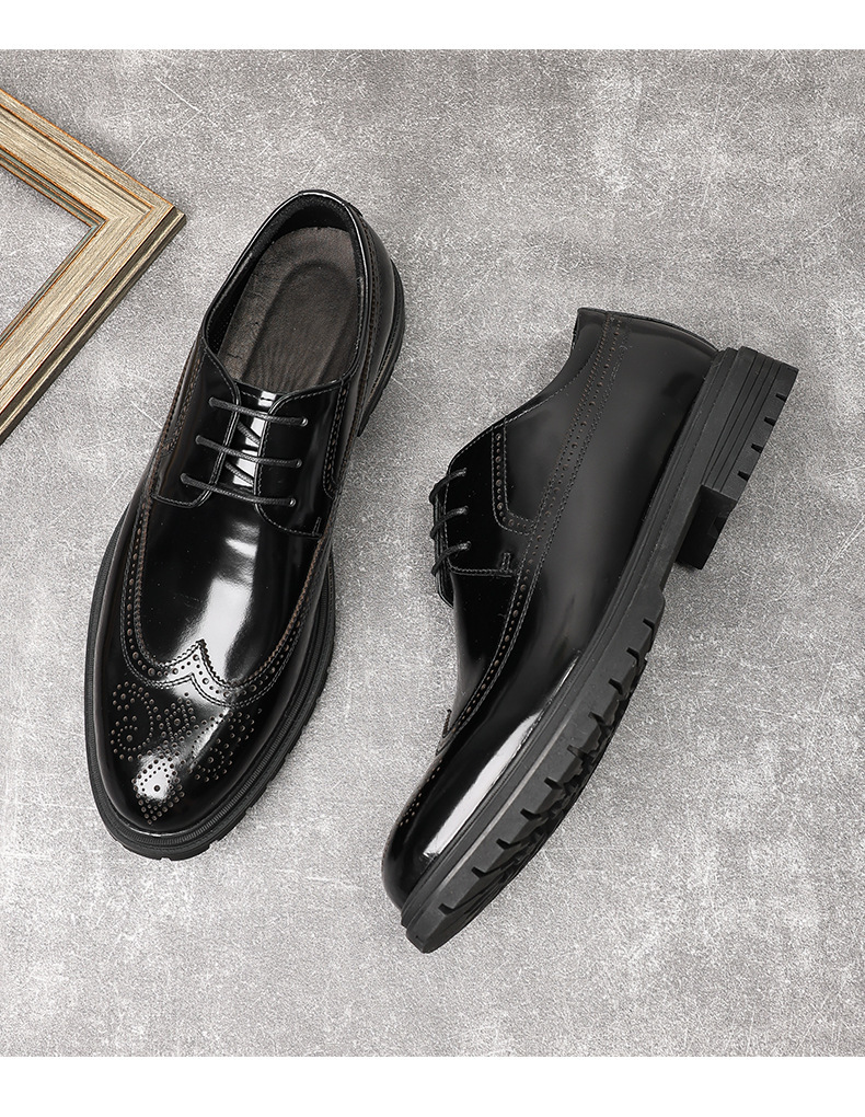 Giày Oxford nam da bò thật bề mặt bóng, đế cao su dày, kiểu brogue lịch lãm — Màu đen, Màu vàng nâu