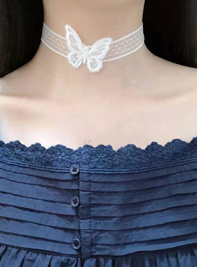 甜美蕾丝锁骨链蝴蝶结颈链超仙镂空颈带项圈个性女百搭吊坠颈脖链