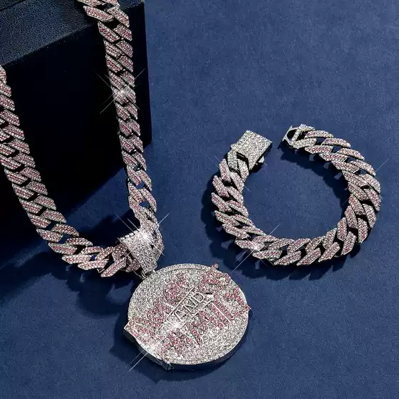 European and American Trendy Money and Family Letter Round Pendant Full Diamond Cuban Necklace Men's Hip-Hop Necklace