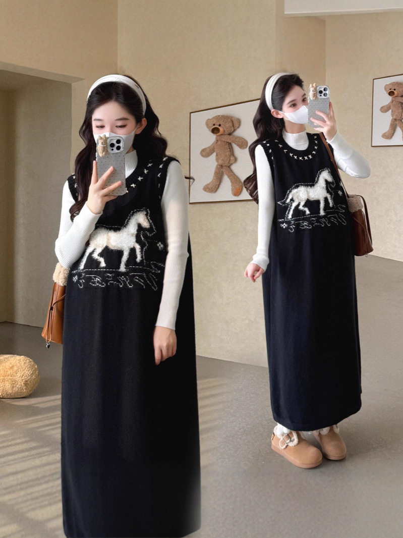 Knitted Dress Women's 2025 Autumn and Winter New Fake Two-Piece Black Skirt Long Skirt Vest Skirt + Bottoming Suit