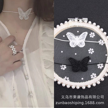 Super Fairy Necklace Sweet Collar Clavicle Chain Women's Lace Embroidery Butterfly Black and White Accessories Short Double-Layer ins Neck Strap