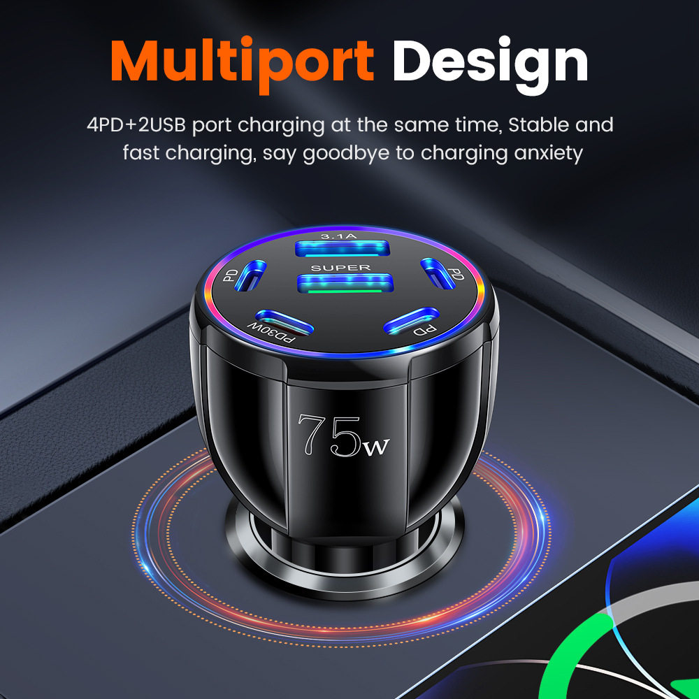 6 Ports USB Car Charger Type C Car Fast Charging Qc3.0 Pd Car Phone Charging Adapter