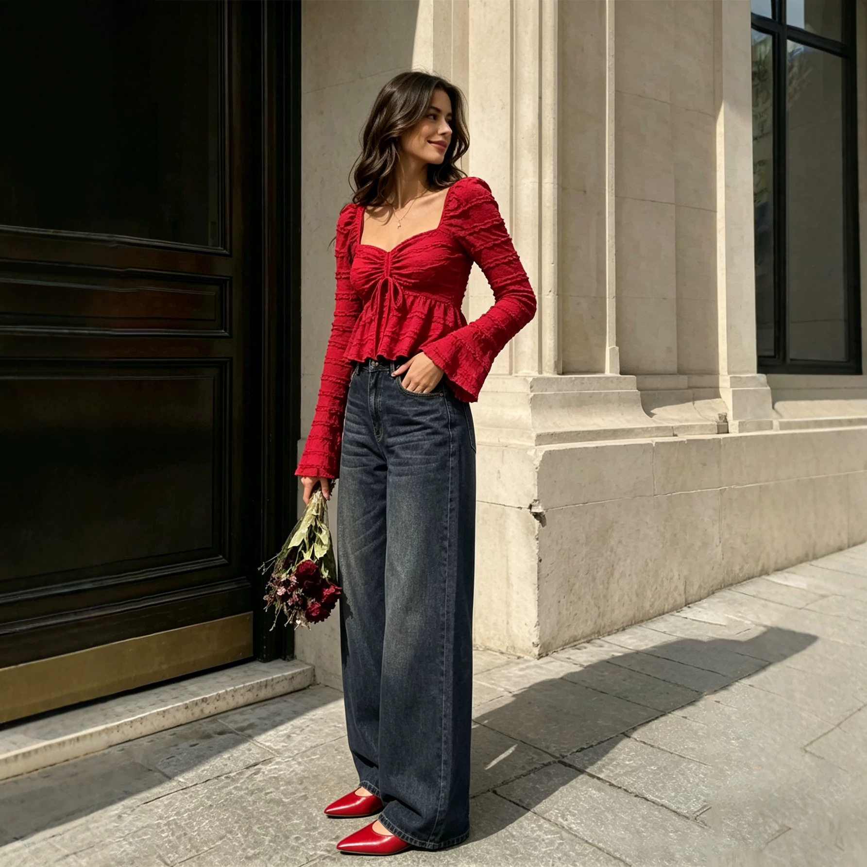 Vintage Red Textured Top Square Neck Drawstring Waist Backless Ruffle Bell Sleeves Autumn Winter Fashion