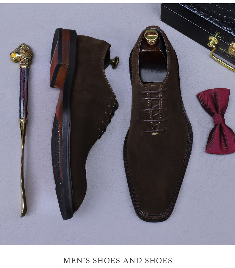 Giày Oxford nam da lộn cỡ lớn mũi vuông phong cách công sở — đen, màu nâu mocha