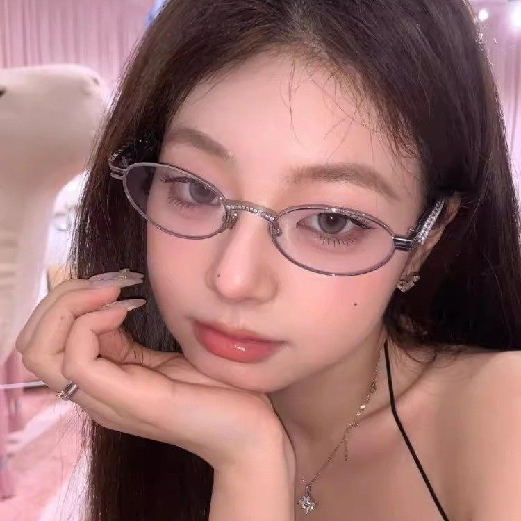 Pure Elliptical Glasses Frame Pearl Diamond Small Face Small Frame Flat Glasses Advanced Sense Plain Glasses Frame Can be Equipted with Myopia