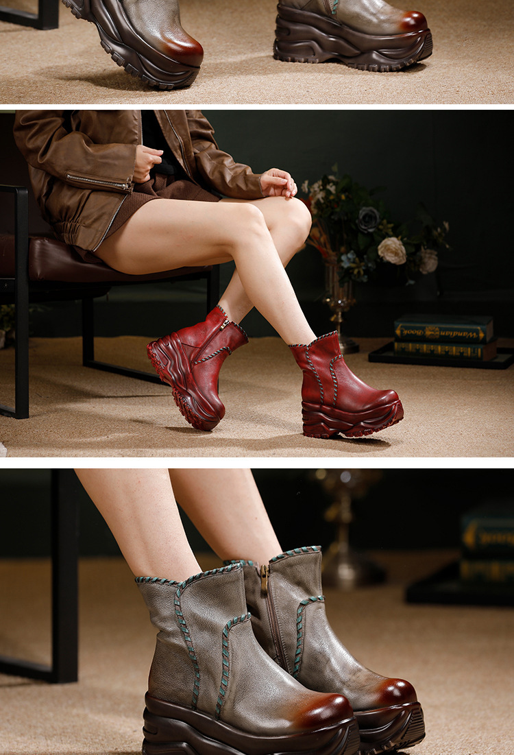 Boot nữ cổ thấp da bò thật đế dày phối màu phong cách cổ điển — màu xám, Rượu vang đỏ