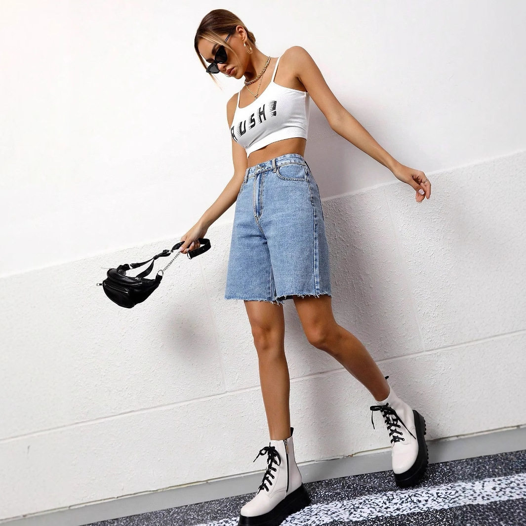 Loose Fit Womens Denim Shorts Washed Fabric Casual Style Summer Essential Wholesale Available