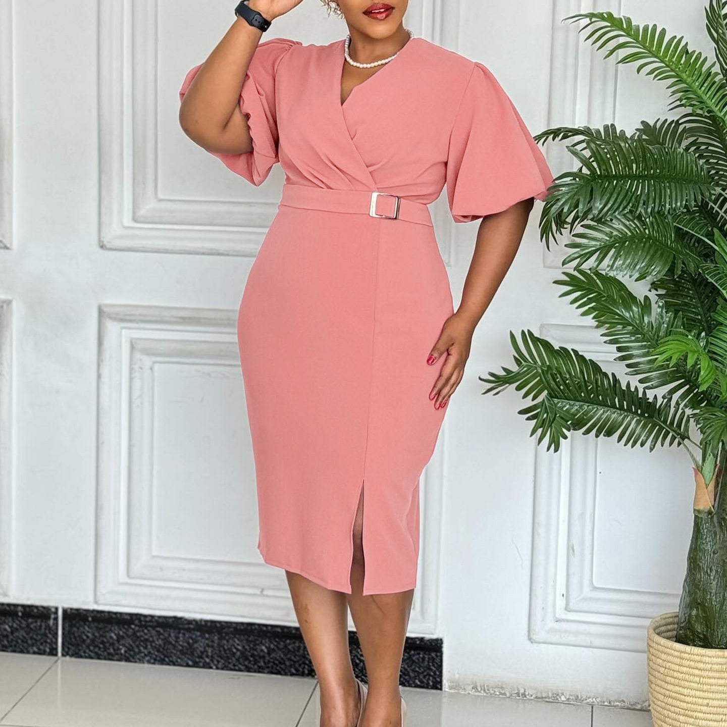 Fashionable V Neck Puff Sleeve Bodycon Dress Solid Color Waist Defined Side Slit Perfect for Parties or Events