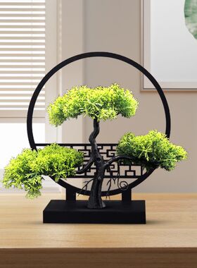 迎客松室内客厅屏风摆件电视柜茶几摆设植物小盆栽摆饰品塑料