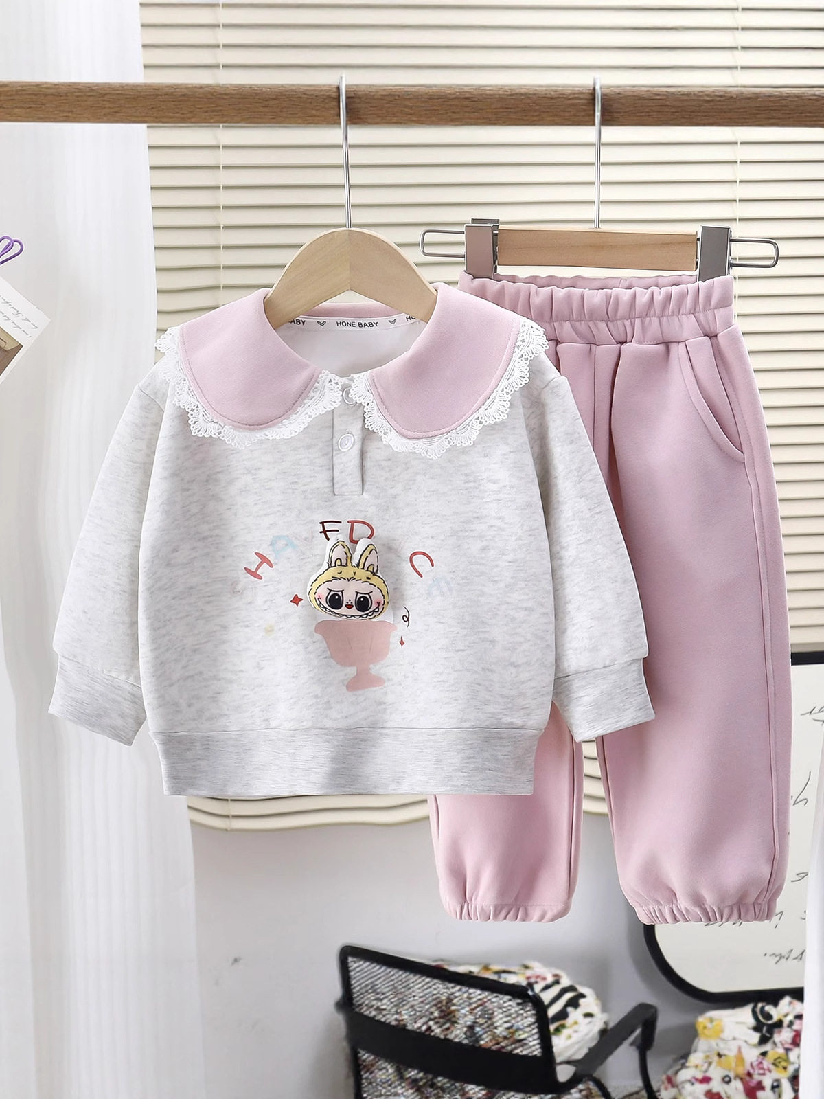 Baby Girl Cartoon Lace Hoodie Set, New Spring Girl Casual Stylish Doll Collar Sports Two-Piece Outfit